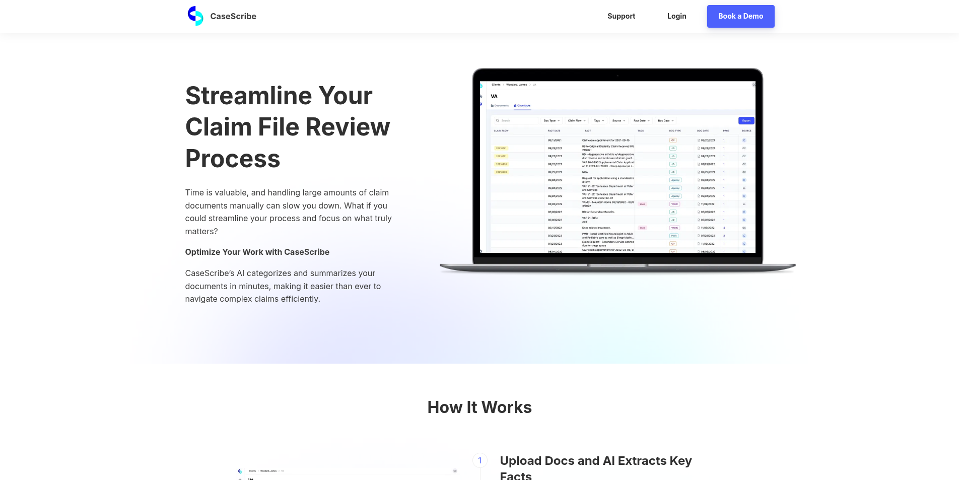 CaseScribe is an AI-powered platform designed to streamline the review process of claim files, particularly for veteran disability law.